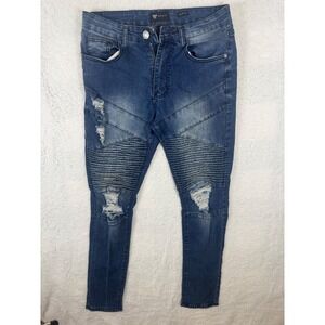 Waimea Mens Distressed Skinny Fit Moto Jeans Size 30 Blue Denim‎ Ripped